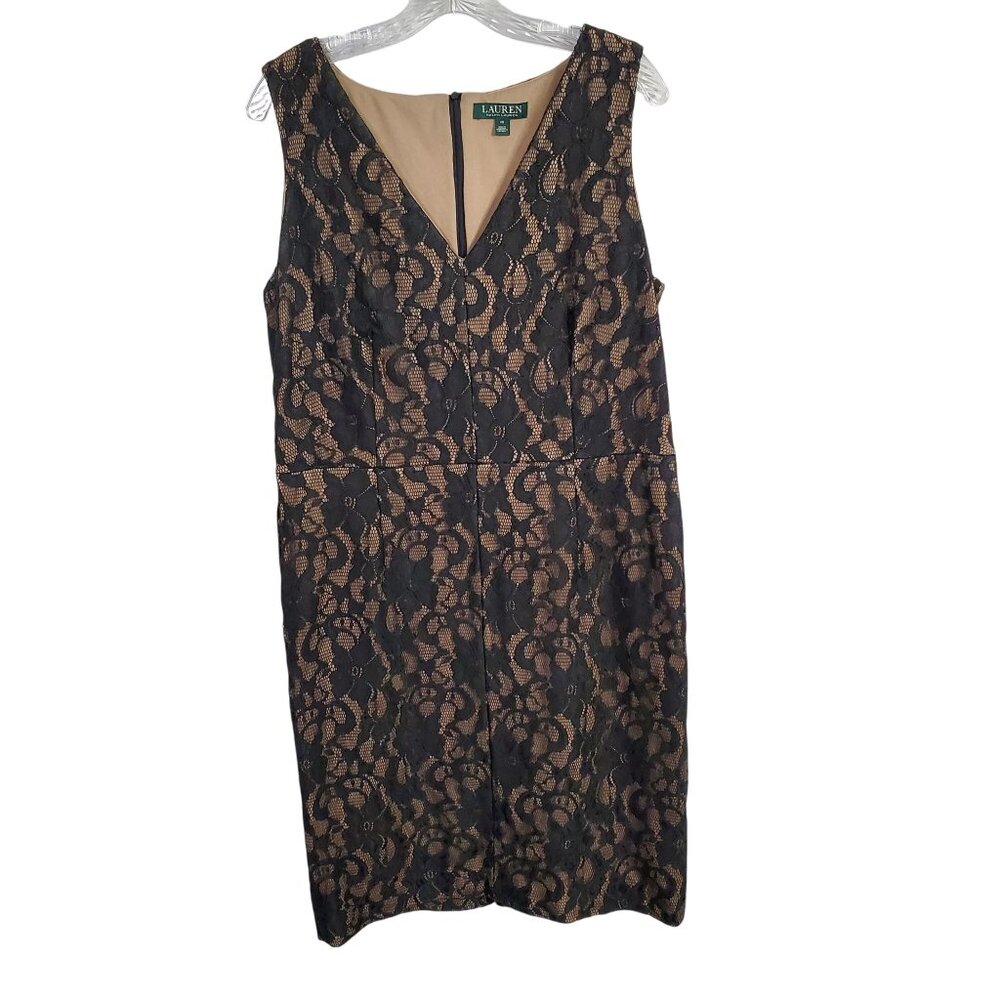 LRL Ralph Lauren Size 16 Dress Fitted Lined Sheer Lace Knee Length V-Neck Black